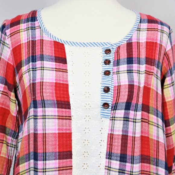 Niko and… Red Plaid Striped Button Front Floral Eyelet Tunic Women’s Size M - Picture 2 of 16